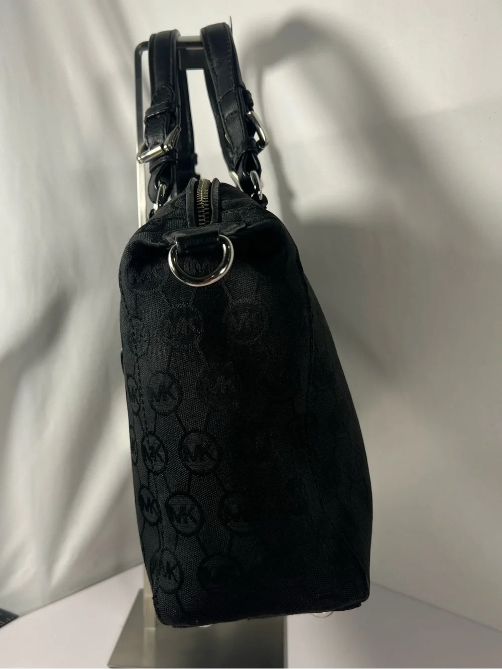 4279: Michael Kors Black Logo Jacquard Satchel Silver Hardware